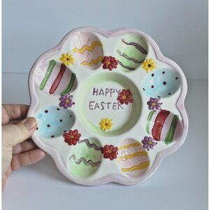 Vintage Ceramic Easter Deviled Egg Platter Plate Hand Painted Colourful Spring